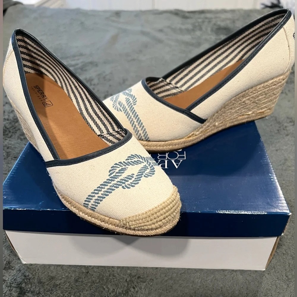 Sperry Cream Canvas Wedge Espadrilles with Navy Rope Detail